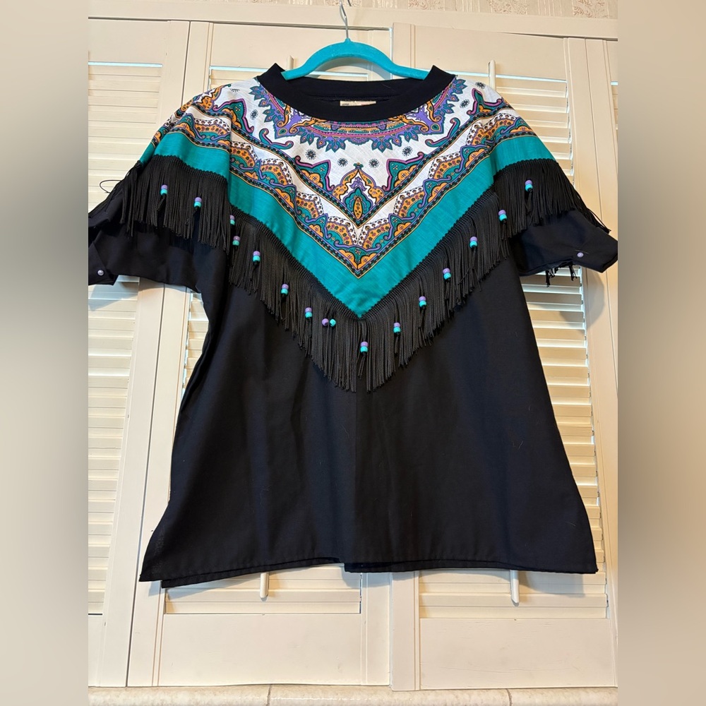 Hazelwood southwestern Fringe Black and Teal Top! Womens medium! NWT